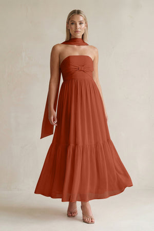 Strapless A - Line Chiffon Ruffled Bridesmaid Dress With Ribbon in Spice - SHE IS ME Bridesmaid Dresses