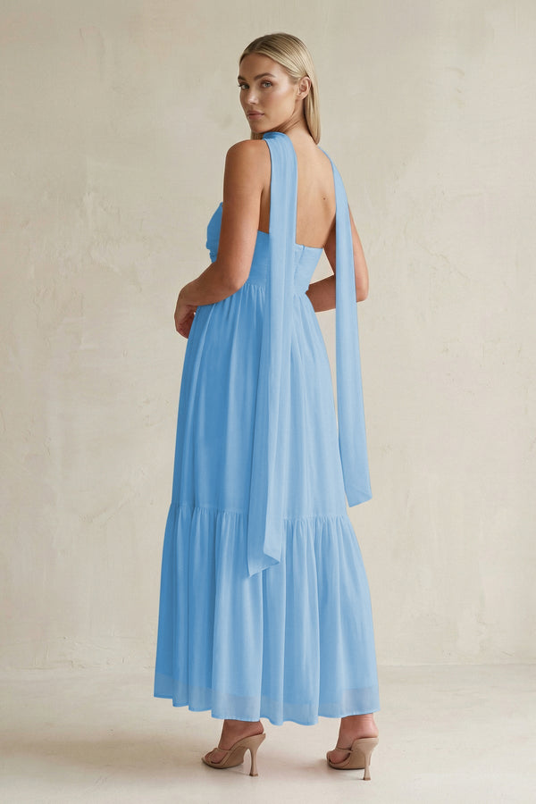 Strapless A - Line Chiffon Ruffled Bridesmaid Dress With Ribbon in Steel Blue - SHE IS ME Bridesmaid Dresses