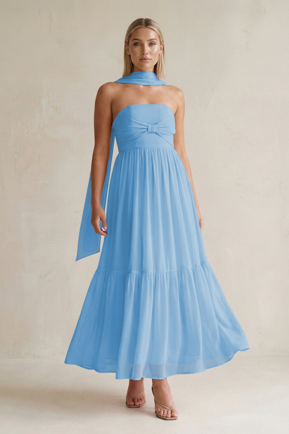 Strapless A - Line Chiffon Ruffled Bridesmaid Dress With Ribbon in Steel Blue - KISS BRIDAL Bridesmaid Dresses