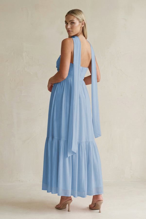 Strapless A - Line Chiffon Ruffled Bridesmaid Dress With Ribbon in Steel Blue - KISS BRIDAL Bridesmaid Dresses
