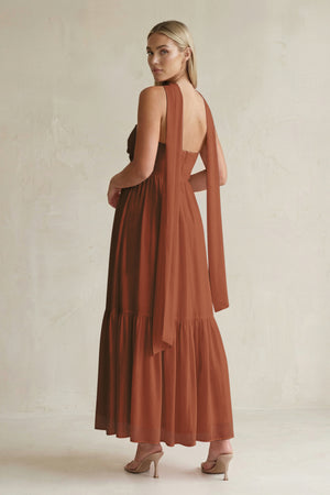 Strapless A-Line Chiffon Ruffled Bridesmaid Dress With Ribbon in Terracotta (2) | KISSBRIDAL