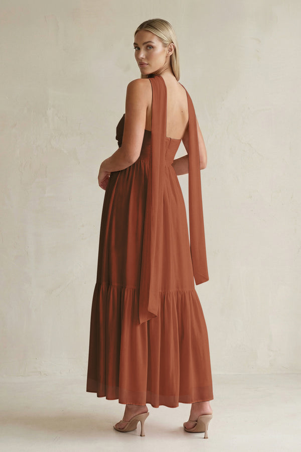 Strapless A-Line Chiffon Ruffled Bridesmaid Dress With Ribbon in Terracotta (2) | KISSBRIDAL