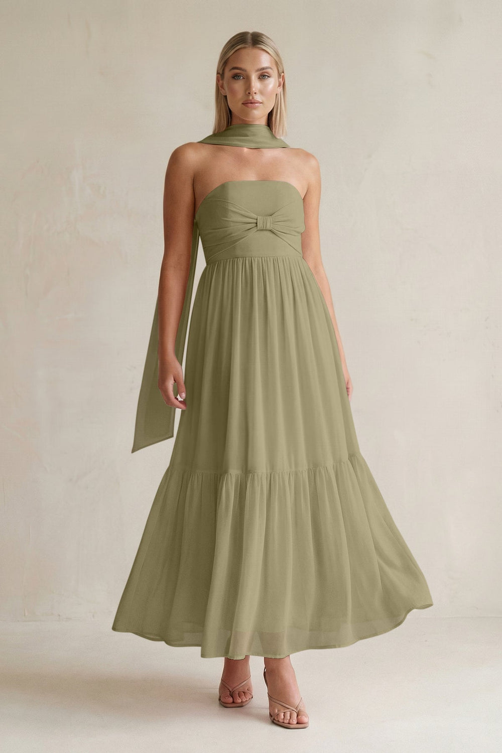 Strapless A - Line Chiffon Ruffled Bridesmaid Dress With Ribbon in Thyme - KISS BRIDAL Bridesmaid Dresses