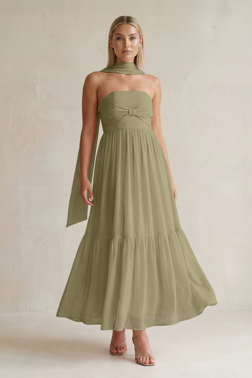 Strapless A - Line Chiffon Ruffled Bridesmaid Dress With Ribbon in Thyme - SHE IS ME Bridesmaid Dresses