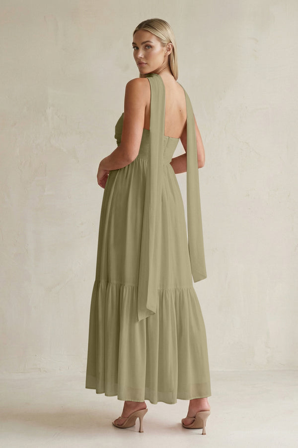 Strapless A - Line Chiffon Ruffled Bridesmaid Dress With Ribbon in Thyme - SHE IS ME Bridesmaid Dresses