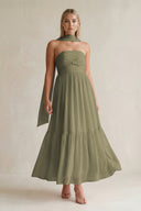 Strapless A-Line Chiffon Ruffled Bridesmaid Dress With Ribbon in Thyme | KISSBRIDAL