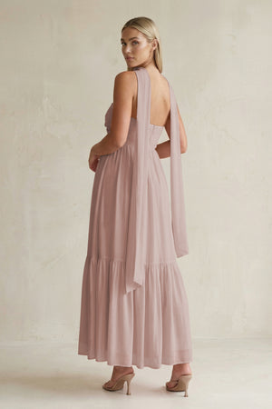 Strapless A-Line Chiffon Ruffled Bridesmaid Dress With Ribbon in Toffee (2) | KISSBRIDAL