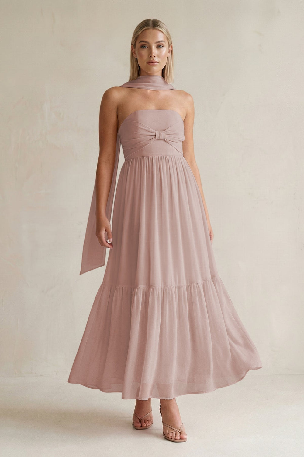 Strapless A - Line Chiffon Ruffled Bridesmaid Dress With Ribbon in Toffee - KISS BRIDAL Bridesmaid Dresses