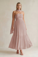 Strapless A - Line Chiffon Ruffled Bridesmaid Dress With Ribbon in Toffee - SHE IS ME Bridesmaid Dresses