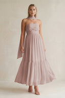 Strapless A-Line Chiffon Ruffled Bridesmaid Dress With Ribbon in Toffee | KISSBRIDAL