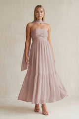 Strapless A-Line Chiffon Ruffled Bridesmaid Dress With Ribbon in Toffee | KISSBRIDAL