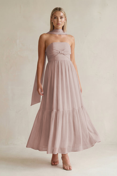 Strapless A-Line Chiffon Ruffled Bridesmaid Dress With Ribbon in Toffee | KISSBRIDAL