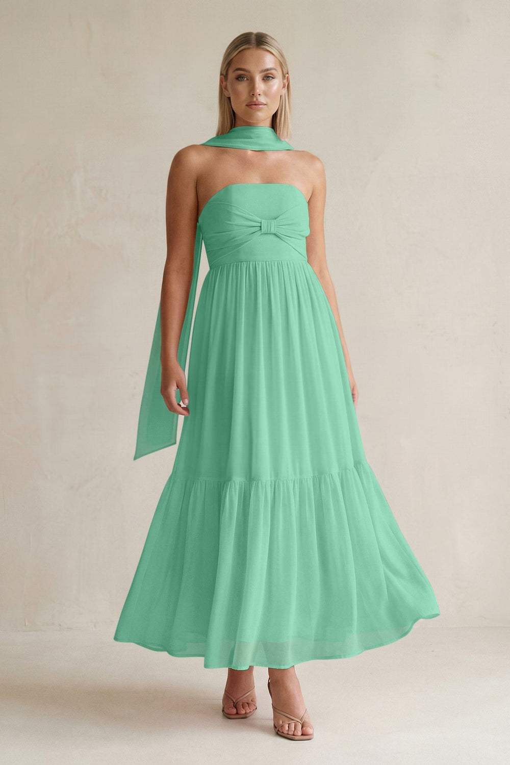 Strapless A - Line Chiffon Ruffled Bridesmaid Dress With Ribbon in Turquoise - KISS BRIDAL Bridesmaid Dresses