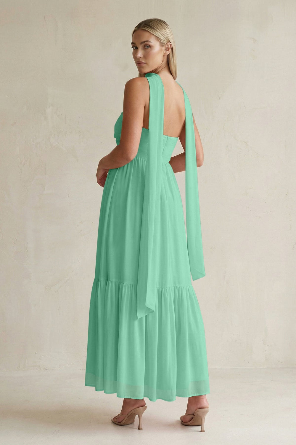 Strapless A - Line Chiffon Ruffled Bridesmaid Dress With Ribbon in Turquoise - KISS BRIDAL Bridesmaid Dresses