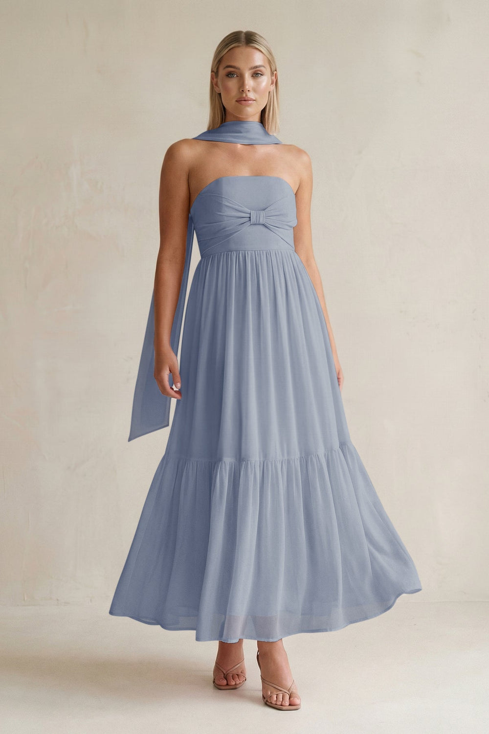 Strapless A - Line Chiffon Ruffled Bridesmaid Dress With Ribbon in Twilight - KISS BRIDAL Bridesmaid Dresses