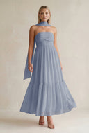 Strapless A - Line Chiffon Ruffled Bridesmaid Dress With Ribbon in Twilight - SHE IS ME Bridesmaid Dresses