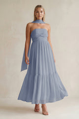 Strapless A - Line Chiffon Ruffled Bridesmaid Dress With Ribbon in Twilight - KISS BRIDAL Bridesmaid Dresses
