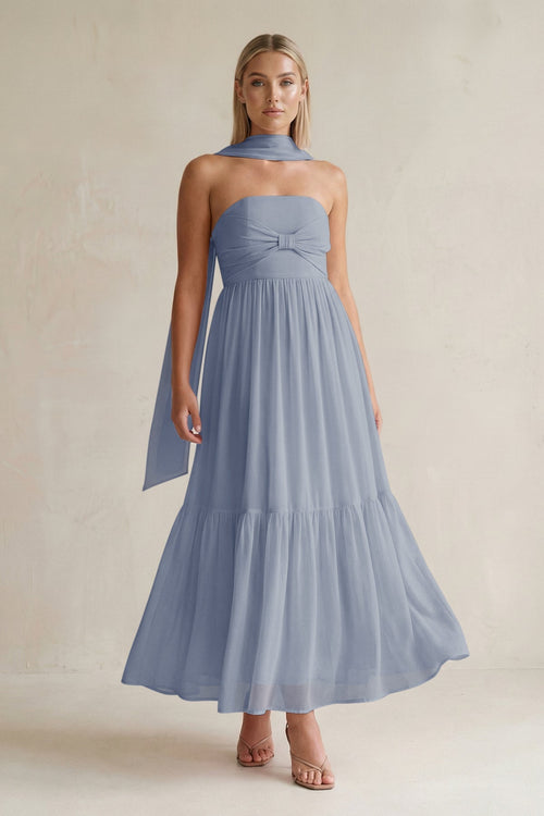 Strapless A - Line Chiffon Ruffled Bridesmaid Dress With Ribbon in Twilight - SHE IS ME Bridesmaid Dresses