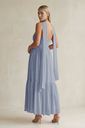 Strapless A - Line Chiffon Ruffled Bridesmaid Dress With Ribbon in Twilight - SHE IS ME Bridesmaid Dresses