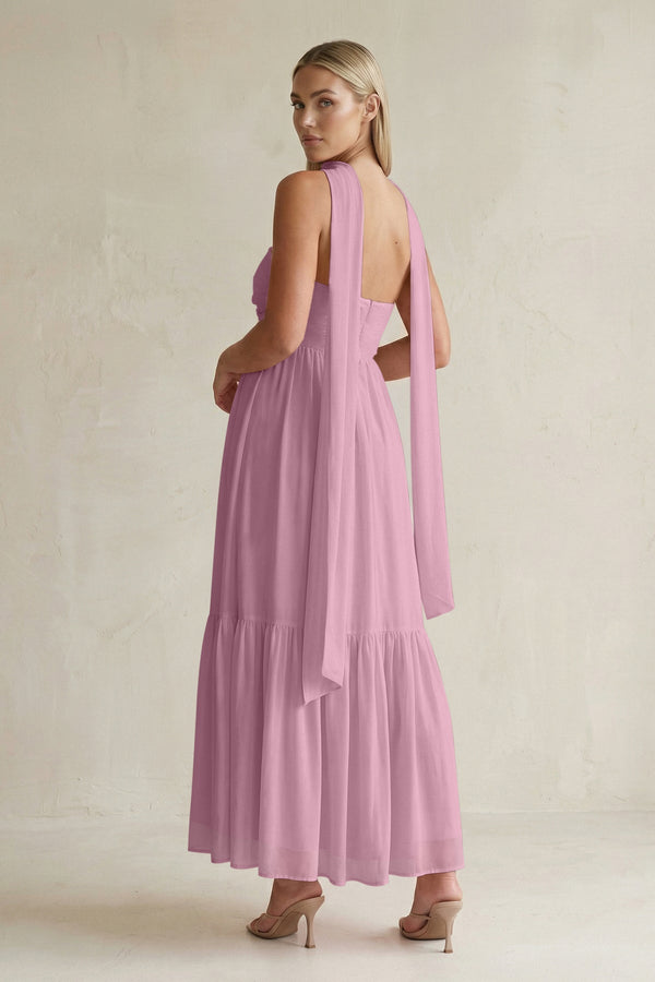Strapless A - Line Chiffon Ruffled Bridesmaid Dress With Ribbon in Vintage Mauve - SHE IS ME Bridesmaid Dresses