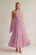 Strapless A - Line Chiffon Ruffled Bridesmaid Dress With Ribbon in Vintage Mauve - SHE IS ME Bridesmaid Dresses