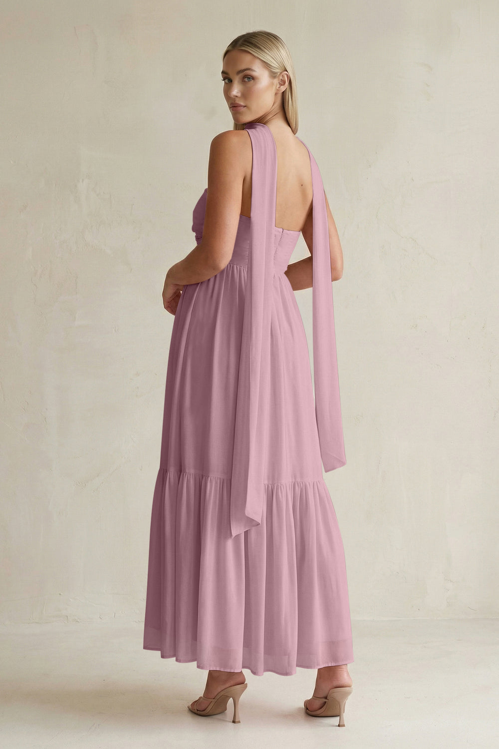 Strapless A-Line Chiffon Ruffled Bridesmaid Dress With Ribbon in Vintage Mauve
