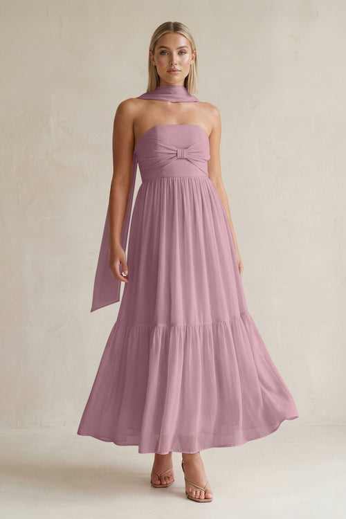 Strapless A - Line Chiffon Ruffled Bridesmaid Dress With Ribbon in Vintage Mauve - KISS BRIDAL Bridesmaid 