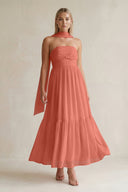 Strapless A - Line Chiffon Ruffled Bridesmaid Dress With Ribbon in Wild Rose - SHE IS ME Bridesmaid Dresses