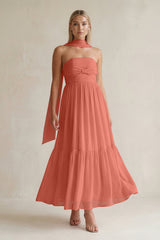 Strapless A - Line Chiffon Ruffled Bridesmaid Dress With Ribbon in Wild Rose - KISS BRIDAL Bridesmaid Dresses