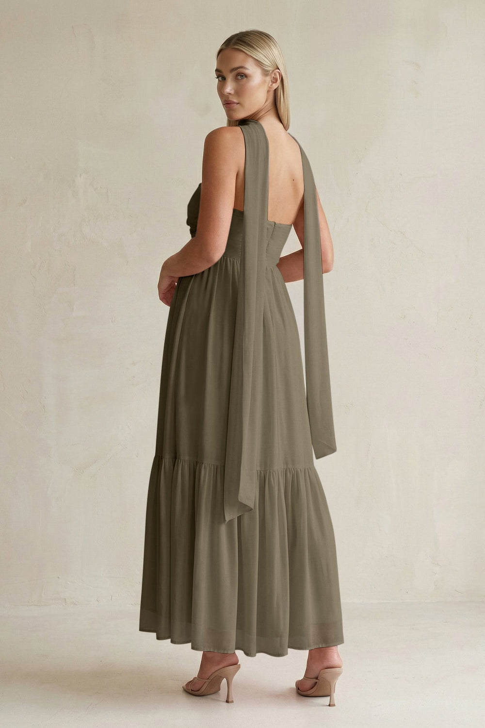 Strapless A - Line Chiffon Ruffled Bridesmaid Dress With Ribbon in Willow Green - KISS BRIDAL Bridesmaid Dresses