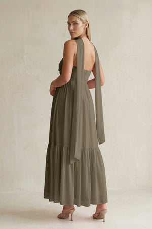 Strapless A - Line Chiffon Ruffled Bridesmaid Dress With Ribbon in Willow Green - SHE IS ME Bridesmaid Dresses