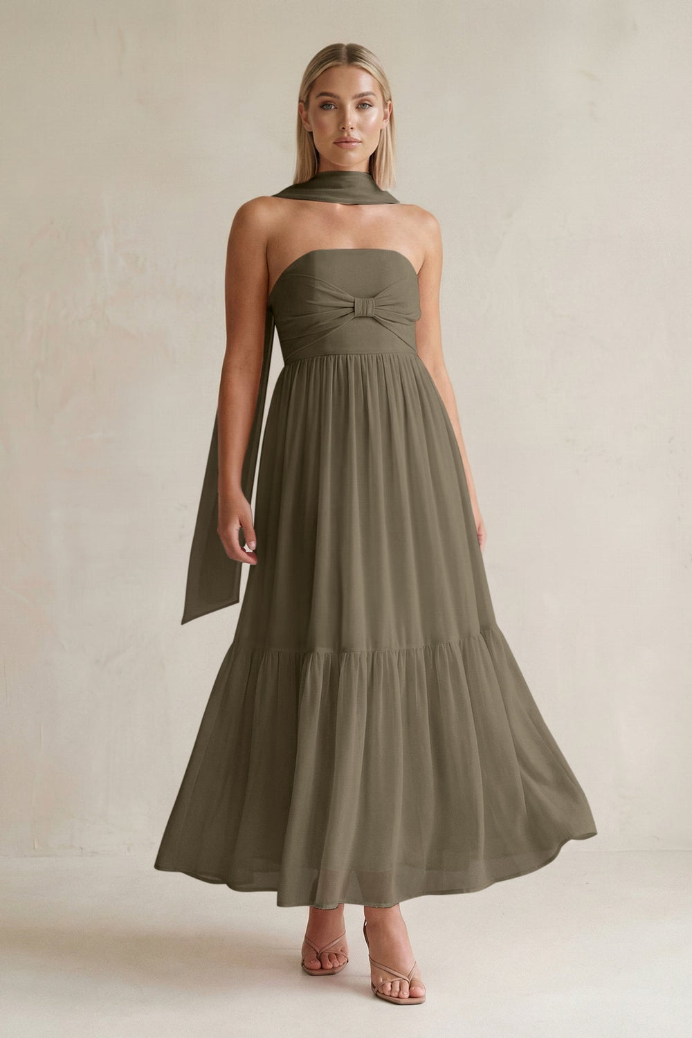 Strapless A - Line Chiffon Ruffled Bridesmaid Dress With Ribbon in Willow Green - KISS BRIDAL Bridesmaid Dresses