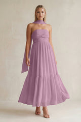 Strapless A - Line Chiffon Ruffled Bridesmaid Dress With Ribbon in Wisteria - KISS BRIDAL Bridesmaid Dresses