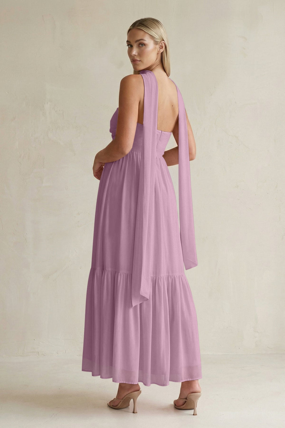 Strapless A - Line Chiffon Ruffled Bridesmaid Dress With Ribbon in Wisteria - KISS BRIDAL Bridesmaid Dresses