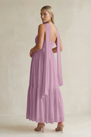 Strapless A - Line Chiffon Ruffled Bridesmaid Dress With Ribbon in Wisteria - SHE IS ME Bridesmaid Dresses