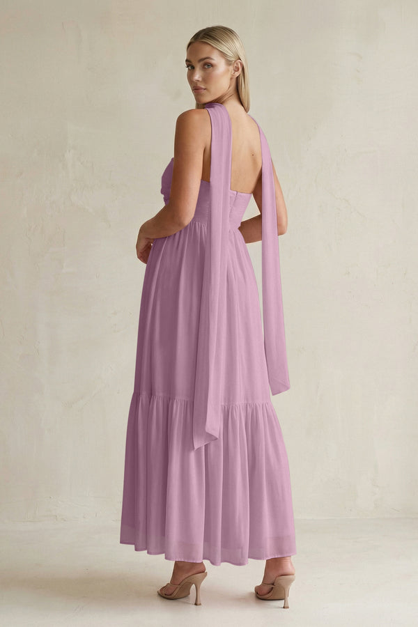 Strapless A - Line Chiffon Ruffled Bridesmaid Dress With Ribbon in Wisteria - SHE IS ME Bridesmaid Dresses