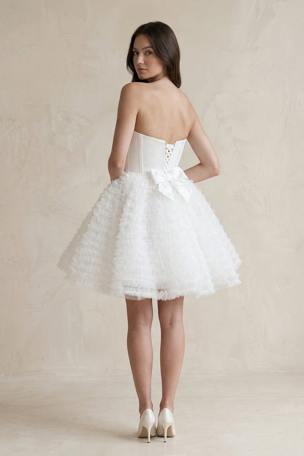 Strapless A - Line Corset Ruffled Tulle Wedding Dress in White - KISS BRIDAL Wedding Dresses