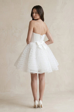 Strapless A - Line Corset Ruffled Tulle Wedding Dress in White - SHE IS ME Wedding Dresses