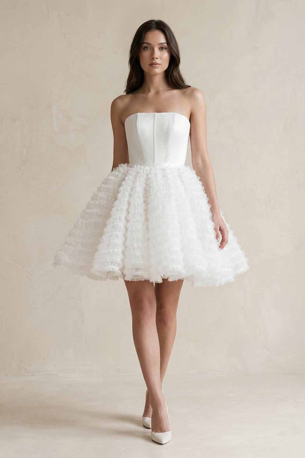 Strapless A - Line Corset Ruffled Tulle Wedding Dress in White - KISS BRIDAL Wedding Dresses