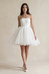 Strapless A - Line Corset Ruffled Tulle Wedding Dress in White - KISS BRIDAL Wedding Dresses