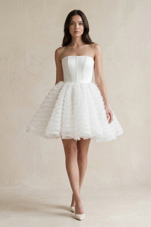 Strapless A - Line Corset Ruffled Tulle Wedding Dress in White - SHE IS ME Wedding Dresses