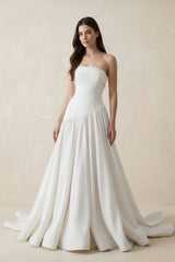 Strapless A - line Crepe Pleated Wedding Dress in White - KISS BRIDAL Wedding Dresses
