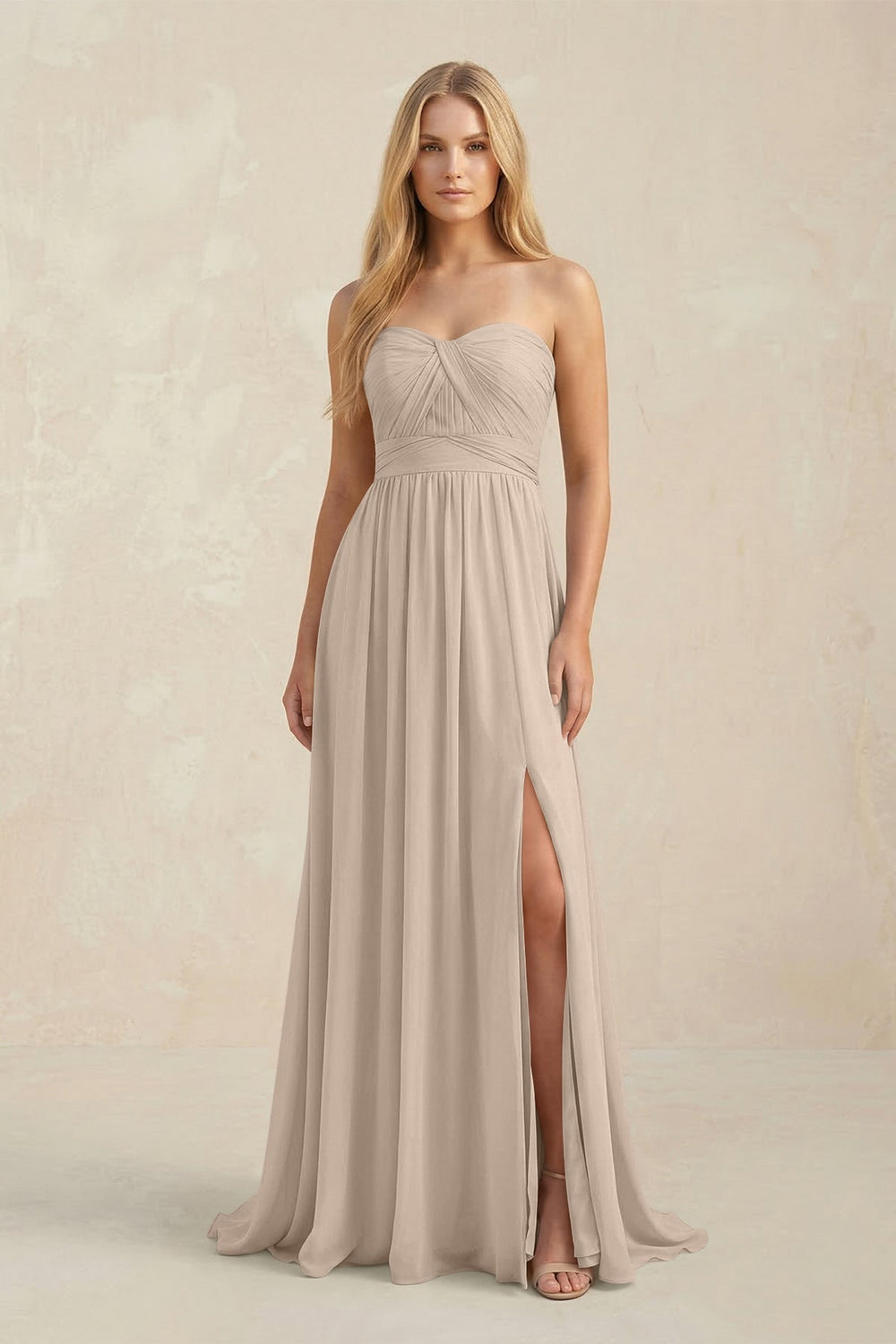 Strapless A - Line Pleated Chiffon Bridesmaid Dress With Slit in Almond - KISS BRIDAL Bridesmaid Dresses