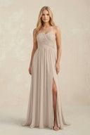 Strapless A - Line Pleated Chiffon Bridesmaid Dress With Slit in Almond - SHE IS ME Bridesmaid Dresses
