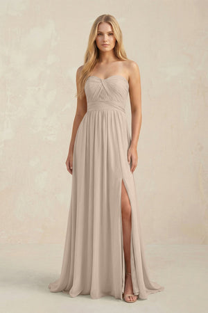 Strapless A - Line Pleated Chiffon Bridesmaid Dress With Slit in Almond - SHE IS ME Bridesmaid Dresses