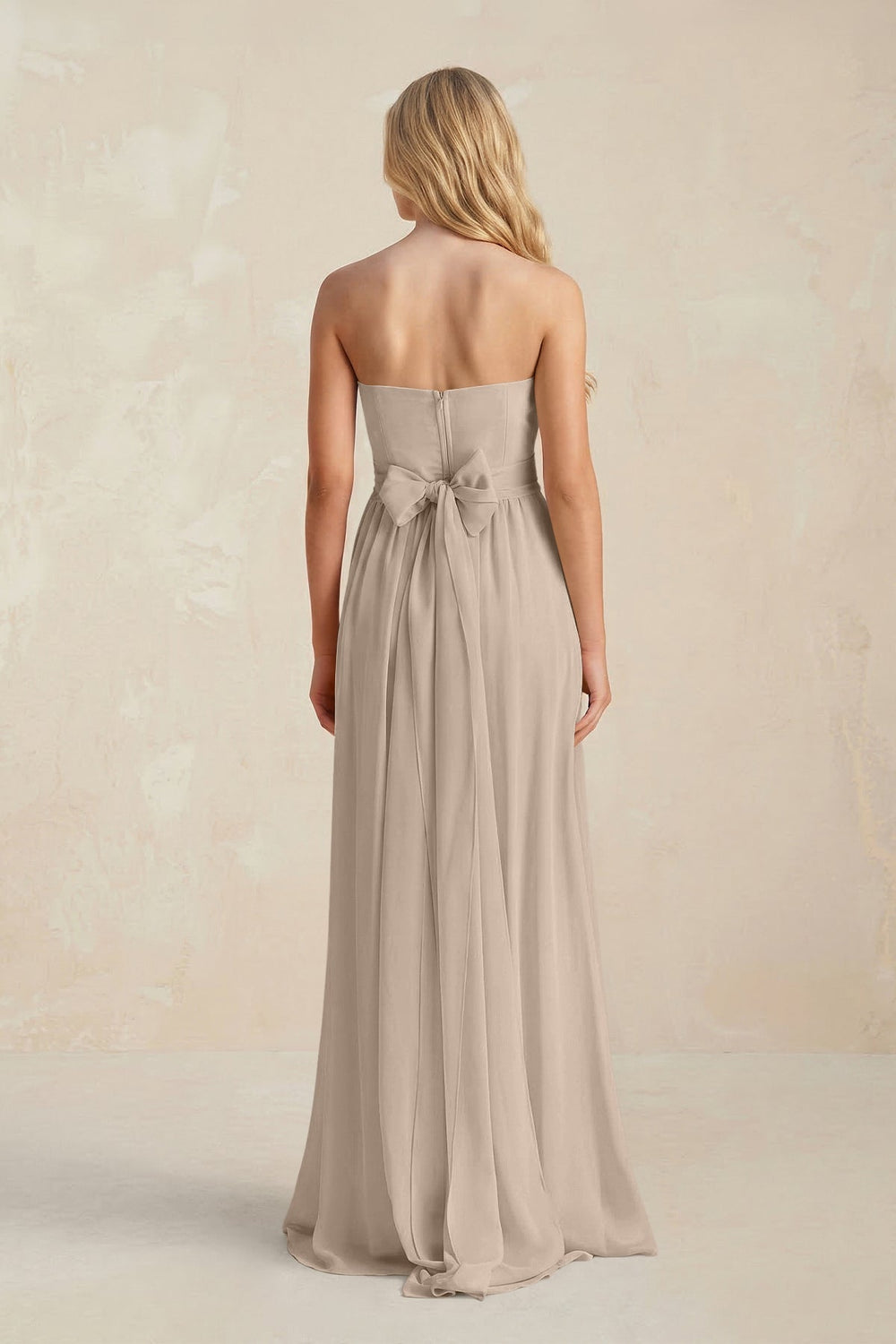 Strapless A - Line Pleated Chiffon Bridesmaid Dress With Slit in Almond - KISS BRIDAL Bridesmaid Dresses