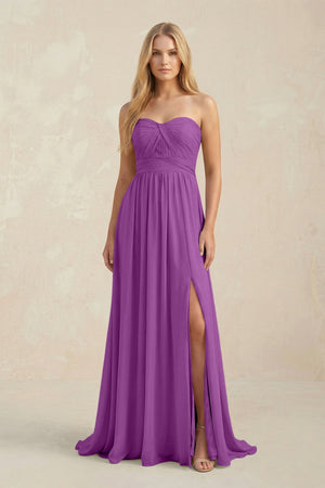Strapless A - Line Pleated Chiffon Bridesmaid Dress With Slit in Amethyst - SHE IS ME Bridesmaid Dresses