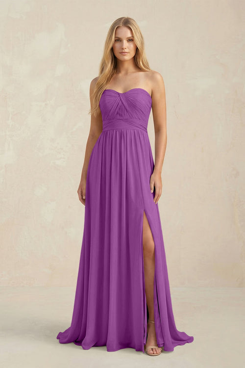 Strapless A - Line Pleated Chiffon Bridesmaid Dress With Slit in Amethyst - SHE IS ME Bridesmaid Dresses