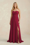 Strapless A - Line Pleated Chiffon Bridesmaid Dress With Slit in Berry - SHE IS ME Bridesmaid Dresses