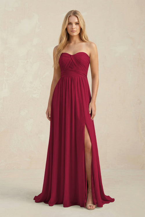 Strapless A - Line Pleated Chiffon Bridesmaid Dress With Slit in Berry - SHE IS ME Bridesmaid Dresses